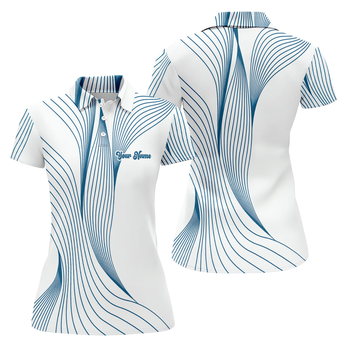 Geometric Line Wavy Line Blue And White Custom Name Women's Golf Tops, Ladies Golf Shirts, Women's Polo Shirt