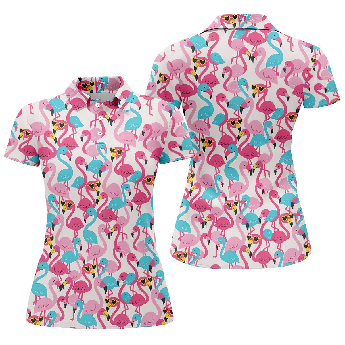 Cute Pink Flamingo Pattern Golf Polo Shirt, Womens Golf Polo, Golf Shirts For Women