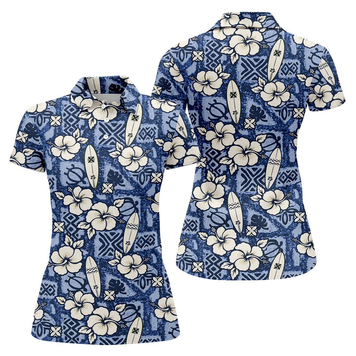 Blue Hawaiian Surfboard Hibiscus Golf Shirt, Women's Golf Shirt, Hawaiian Golf Shirt, Golf Polo For Women