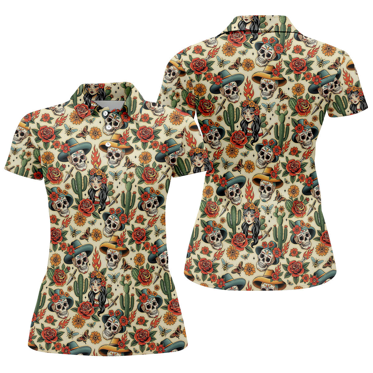 Day Of The Dead Sugar Skull Floral Polo Shirt, Womens Golf Polo, Hawaiian Golf Shirt