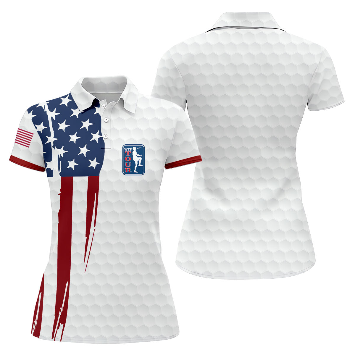 Golf Ball Pattern WTF Tour US Flag 4th Of July Patriotic Golf Shirt, 250th Anniversary Ladies Golf Shirts