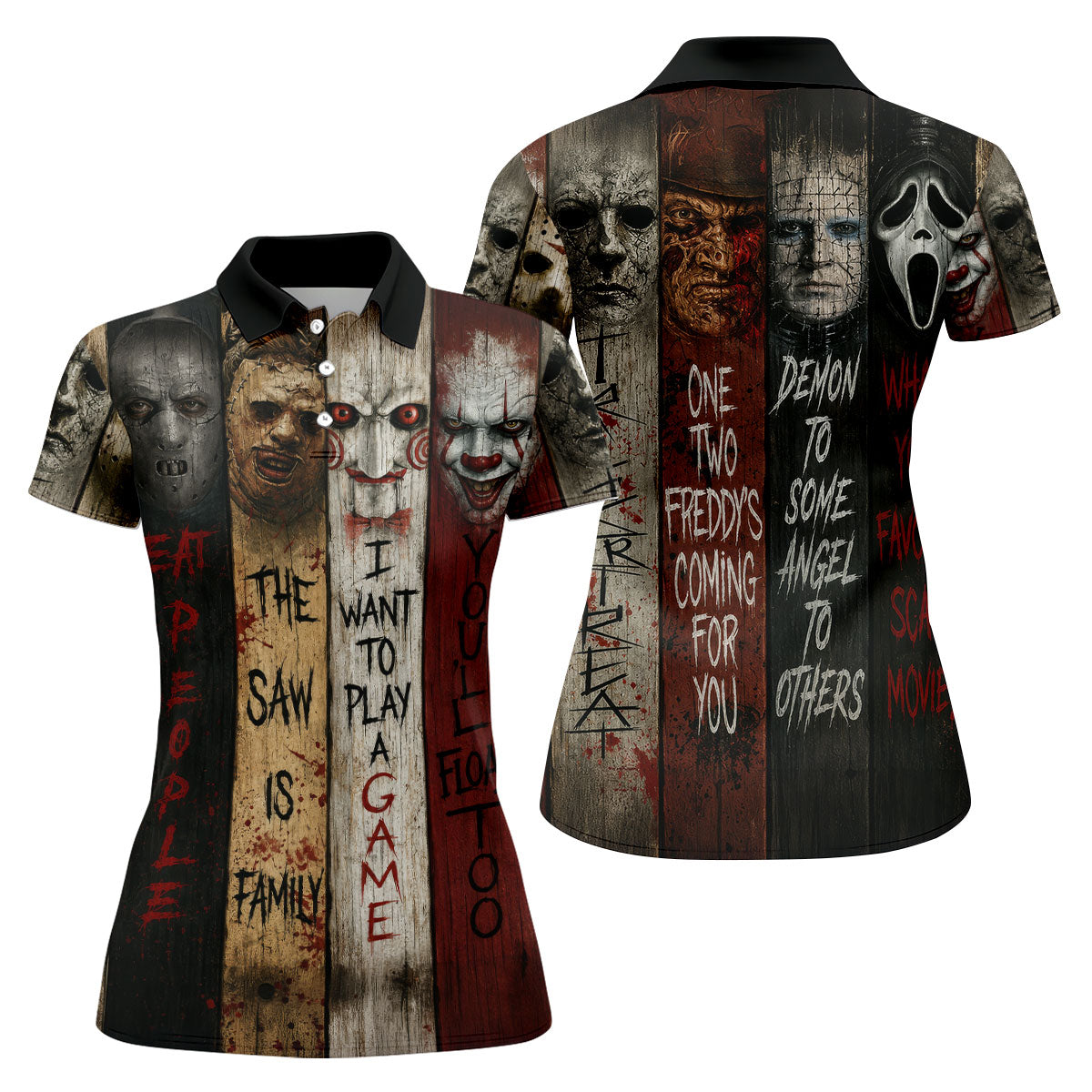 Vintage Wood Panel Horror Character Halloween Golf Shirt, Women's Golf Apparel, Printed Golf Shirt