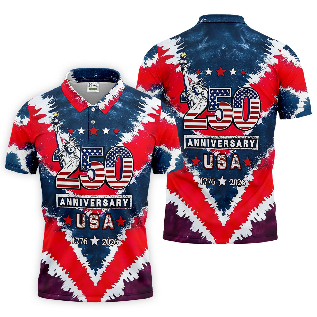 250th Anniversary Red White Blue Tie Dye Print Patriotic Golf Shirt, 4th Of July Golf Shirts For Men