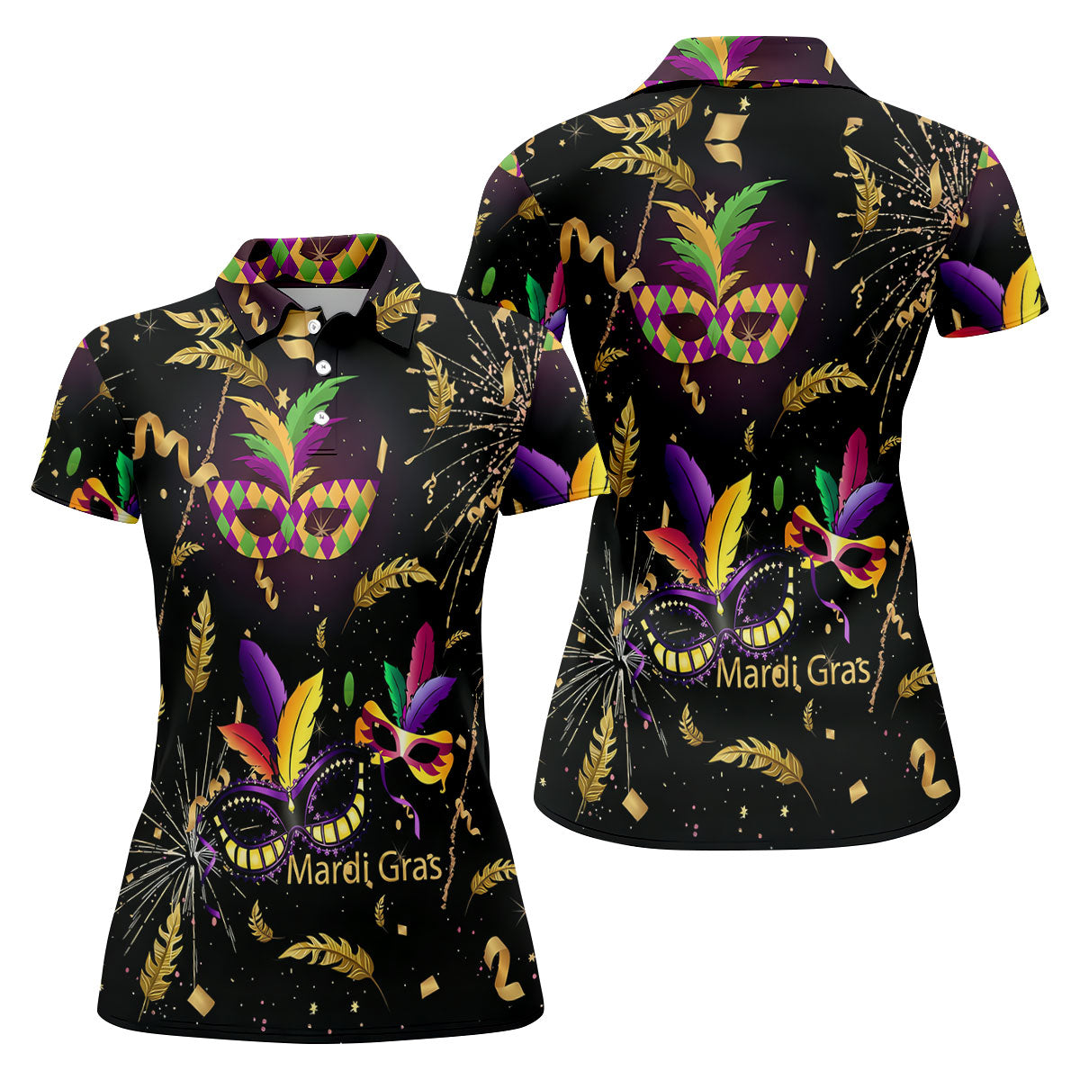 Gold Ribbons Mardi Gras Masquerade Mask Women's Golf Shirts, Women's Golf Tops, Ladies Golf Shirts