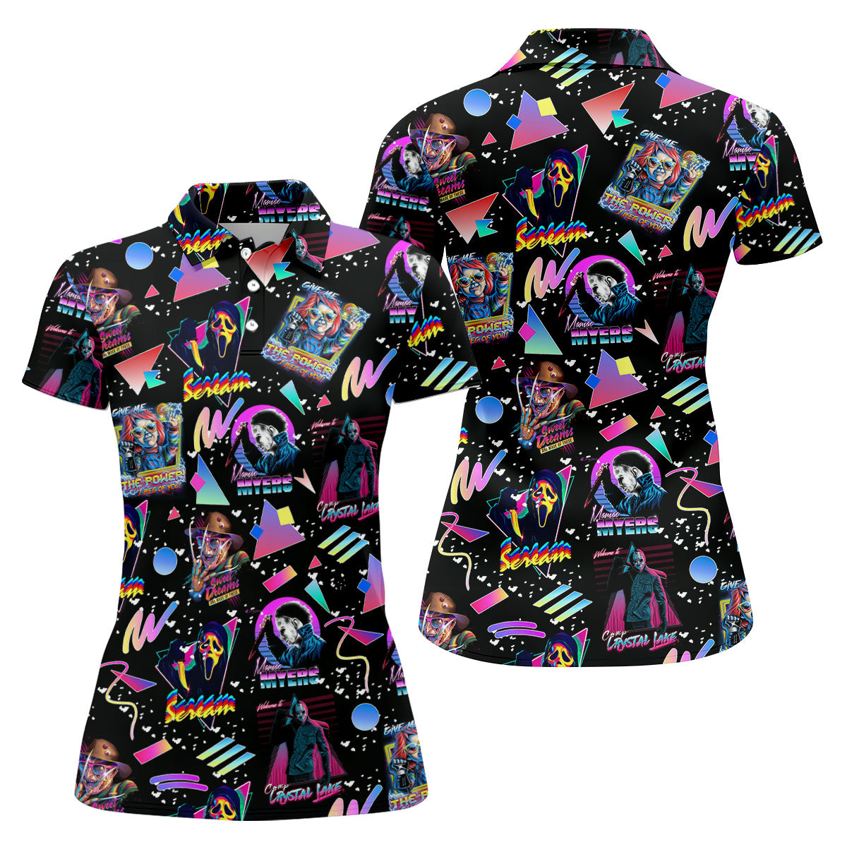 Retro Neon Horror Character Halloween Golf Shirt, Women's Golf Apparel, Printed Golf Shirt