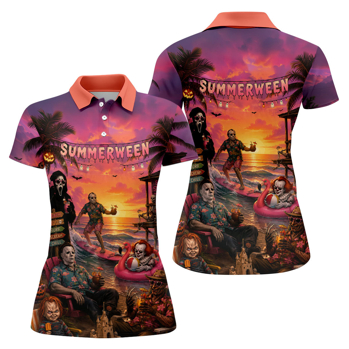 Summerween Halloween Horror Character Golf Shirt, Golf Shirts For Women, Printed Golf Shirt