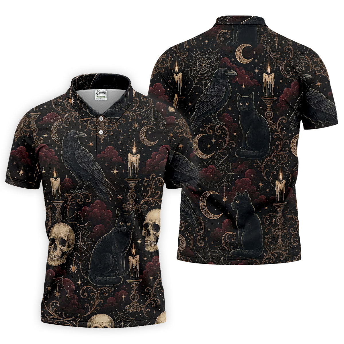 Gothic Raven Black Cat Skull Halloween Polo Shirt, Golf Shirts For Men, Mens Golf Apparel