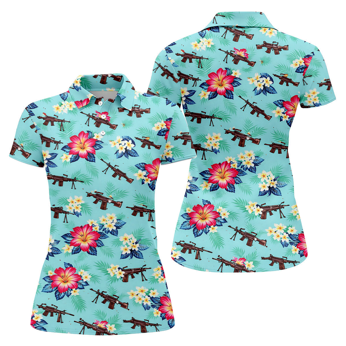 Floral Pattern Army Theme Hawaiian Golf Shirt, Women's Golf Tops, Ladies Golf Shirts