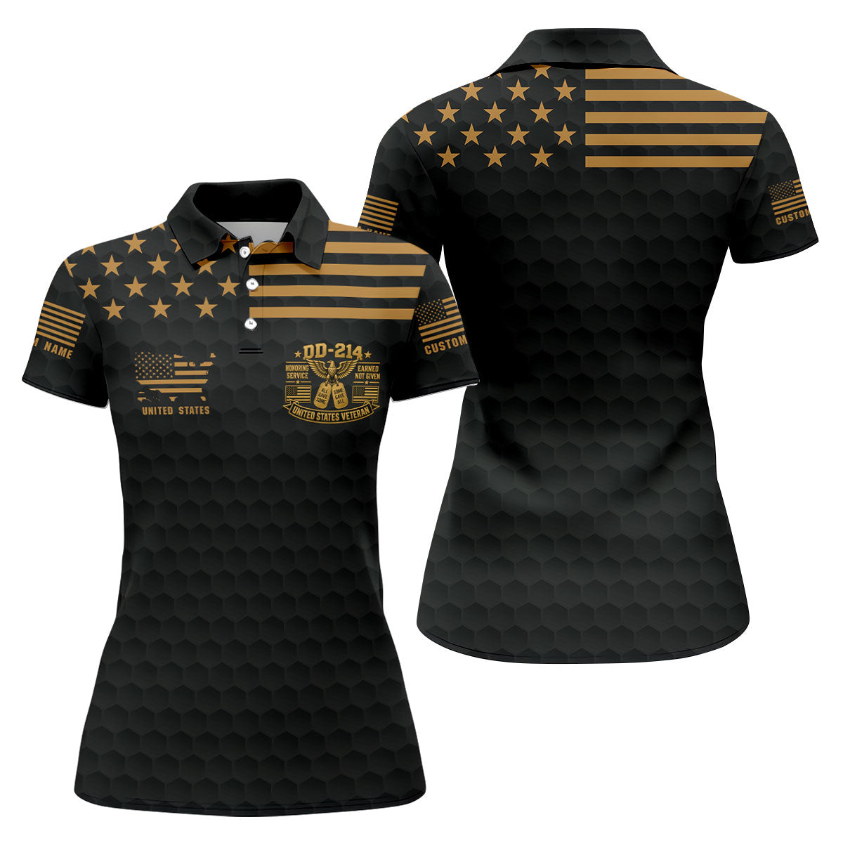 Custom Name Black Gold DD-214 Golf Polo Shirt, Womens Golf Polo, Veterans Day Shirt