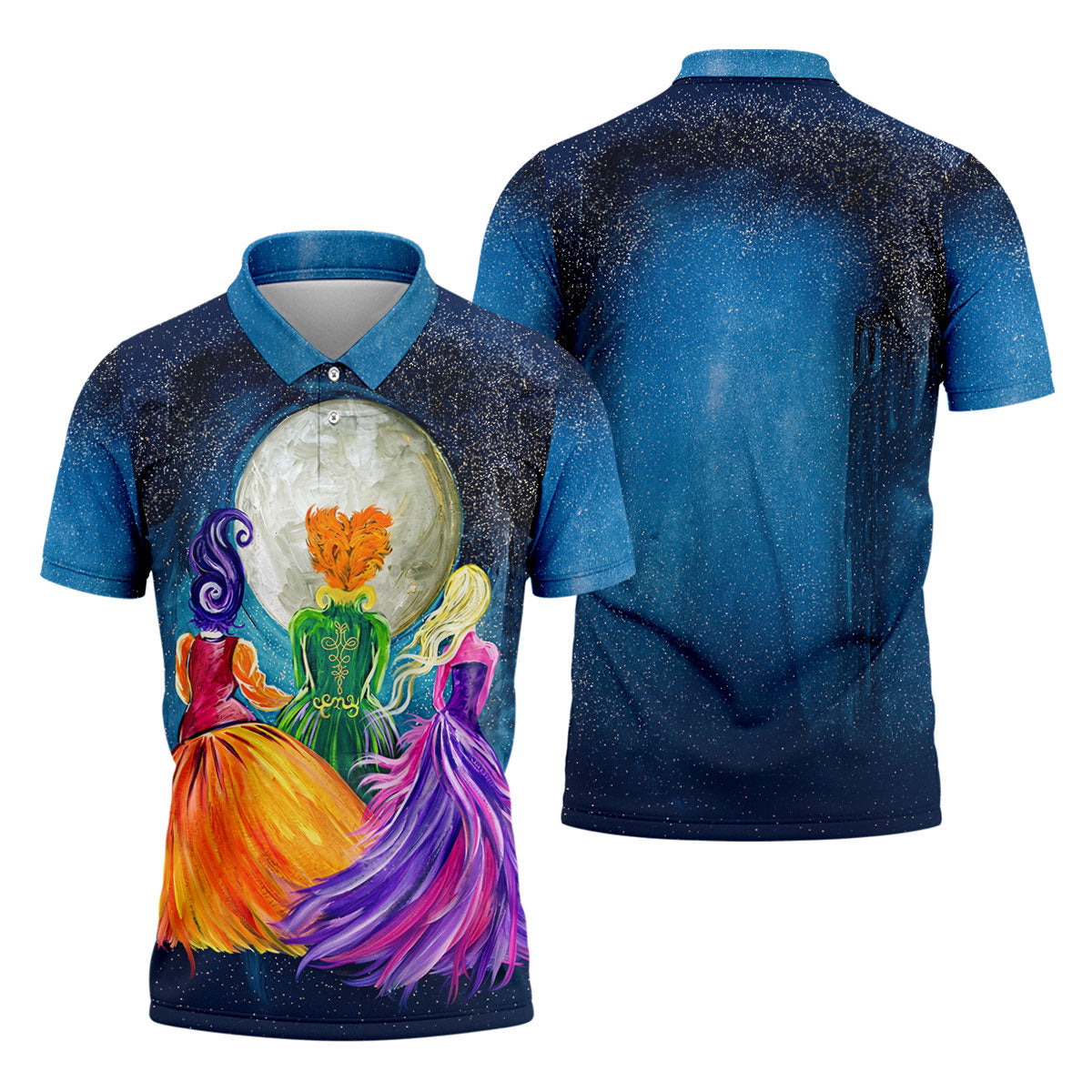 Moonlit Witch Sisters Halloween Polo Shirt, Golf Polo Shirts For Men, Mens Golf Apparel