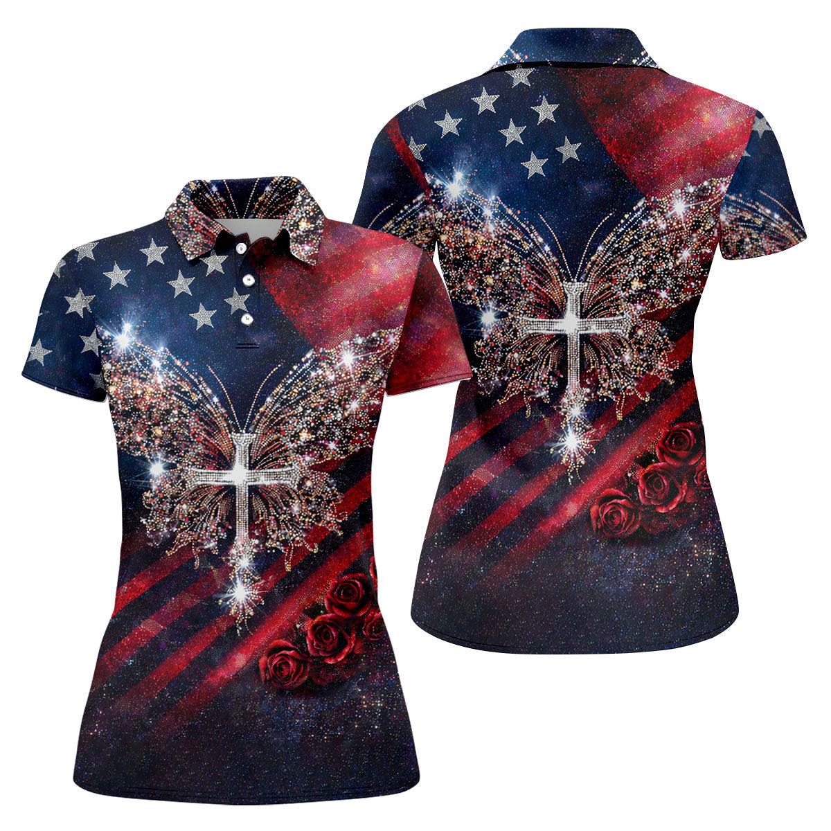 Faith Cross Shimmering Butterfly 250th Anniversary Ladies Golf Tops, Patriotic 4th Of July Golf Shirt For Women