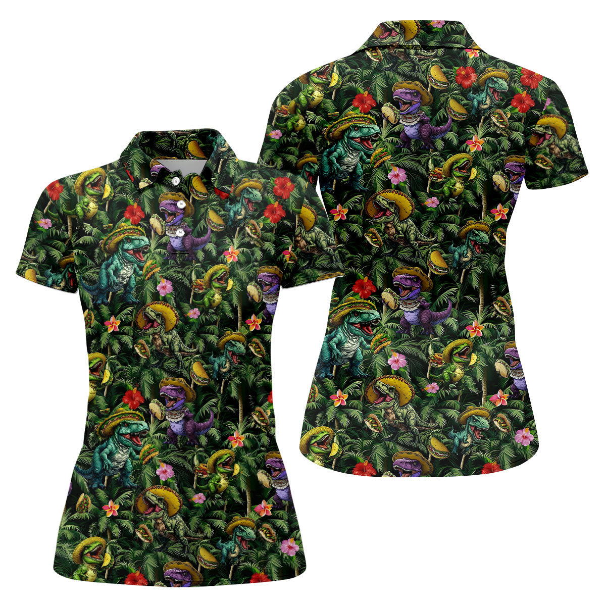 Hawaiian Dinosaur Sombreros Tacos Fun Golf Shirt, Cinco De Mayo Celebration Golf Shirt For Women