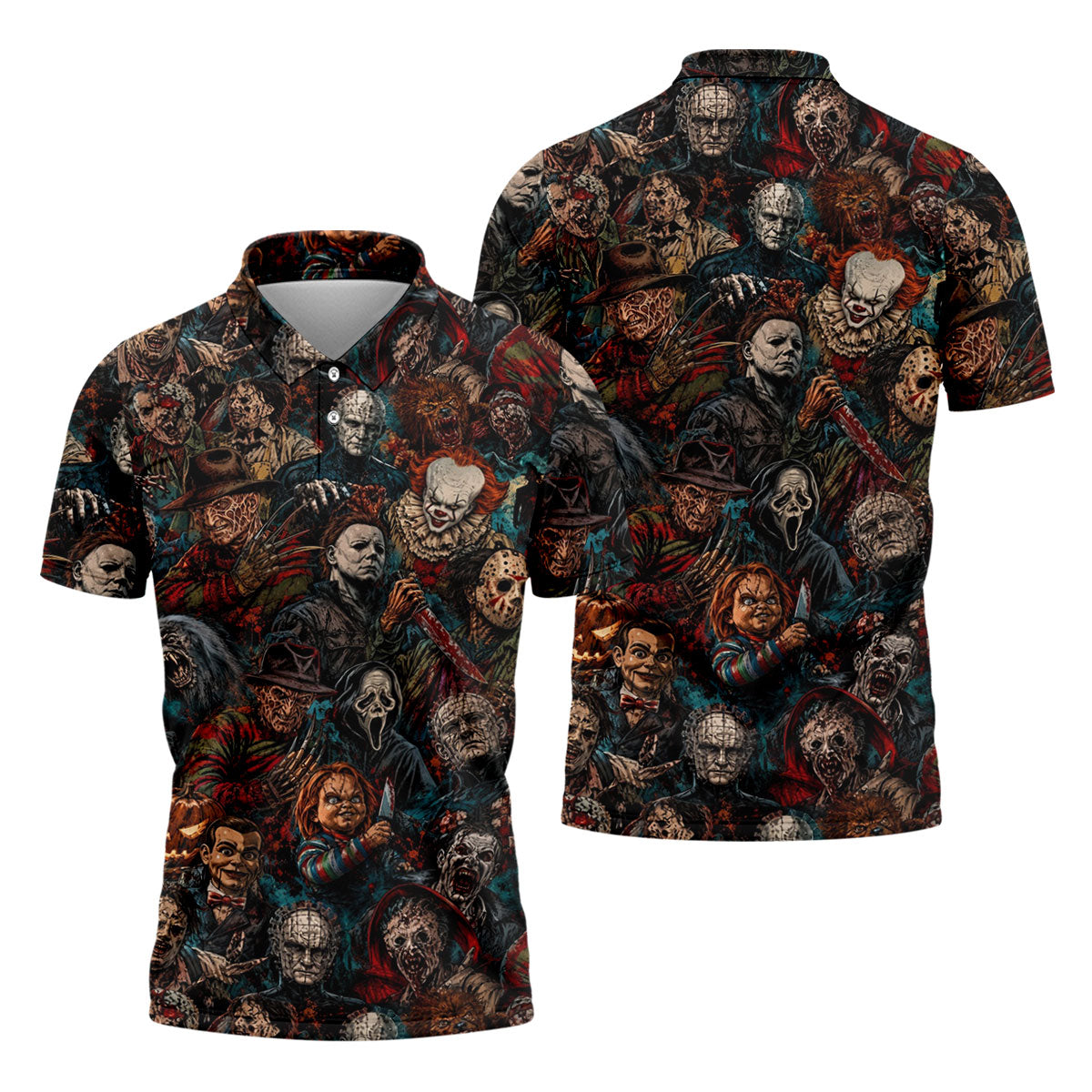 Dark Horror Character Collage Halloween Polo Shirt, Golf Apparel For Men, Mens Polo Shirts