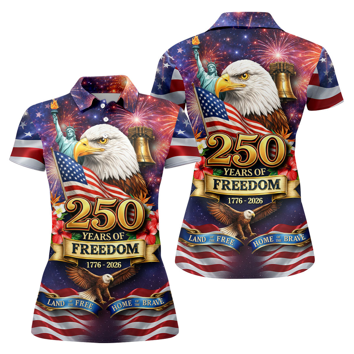 250 Years Of Freedom 1776-2026 Galaxy Pattern 4th Of July Women Golf Top, 250th Anniversary Patriotic Golf Shirt