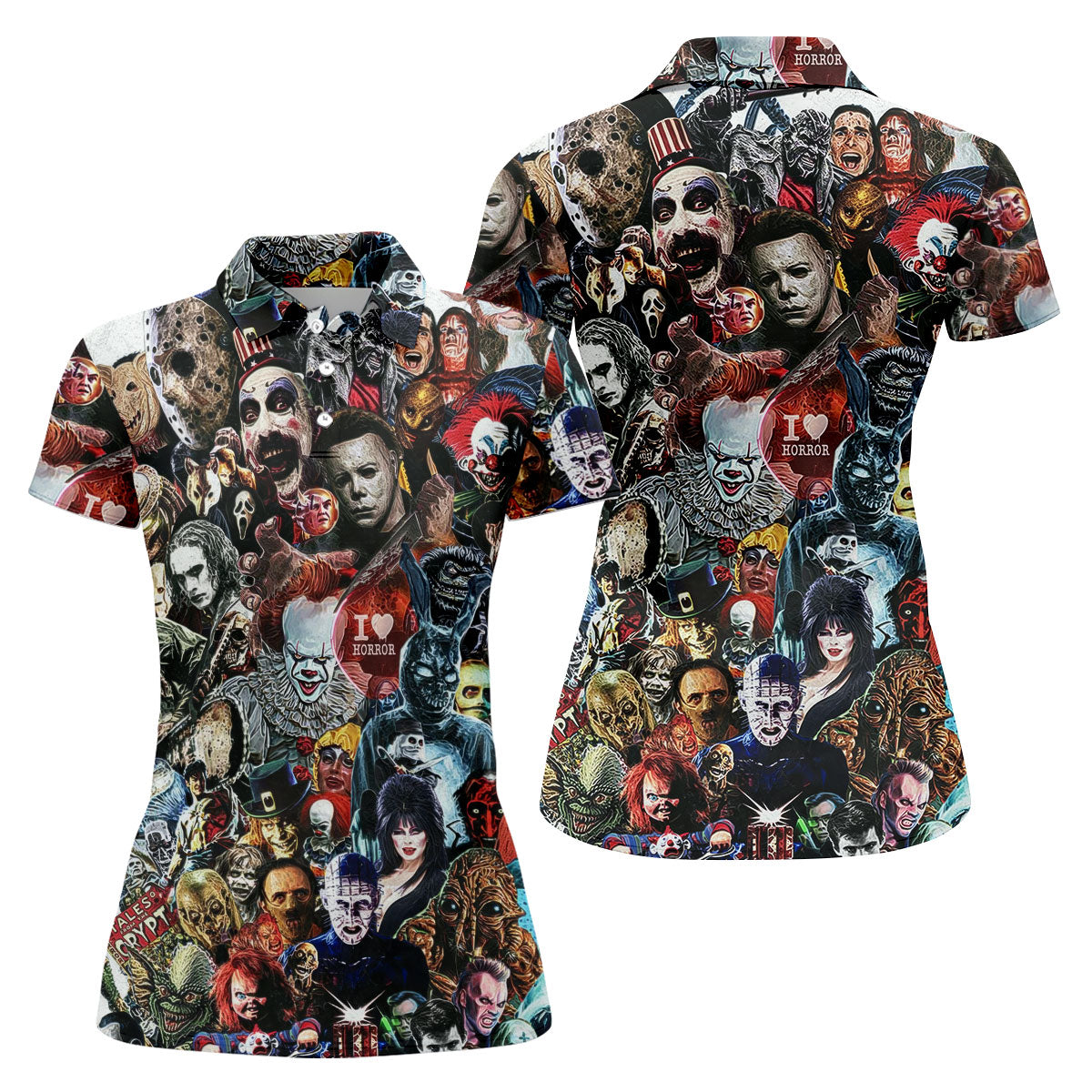 Classic Horror Icons Collage Halloween Golf Shirt, Women’s Golf Polo, Printed Golf Shirt