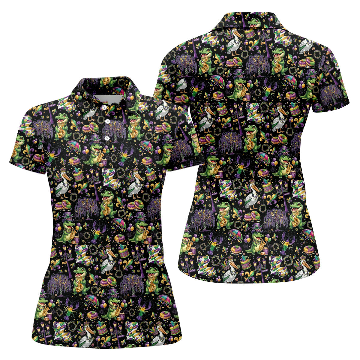 Mardi Gras Fleur De Lis Animal Band Black Golf Shirt, Women's Golf Shirts, Ladies Golf Polos