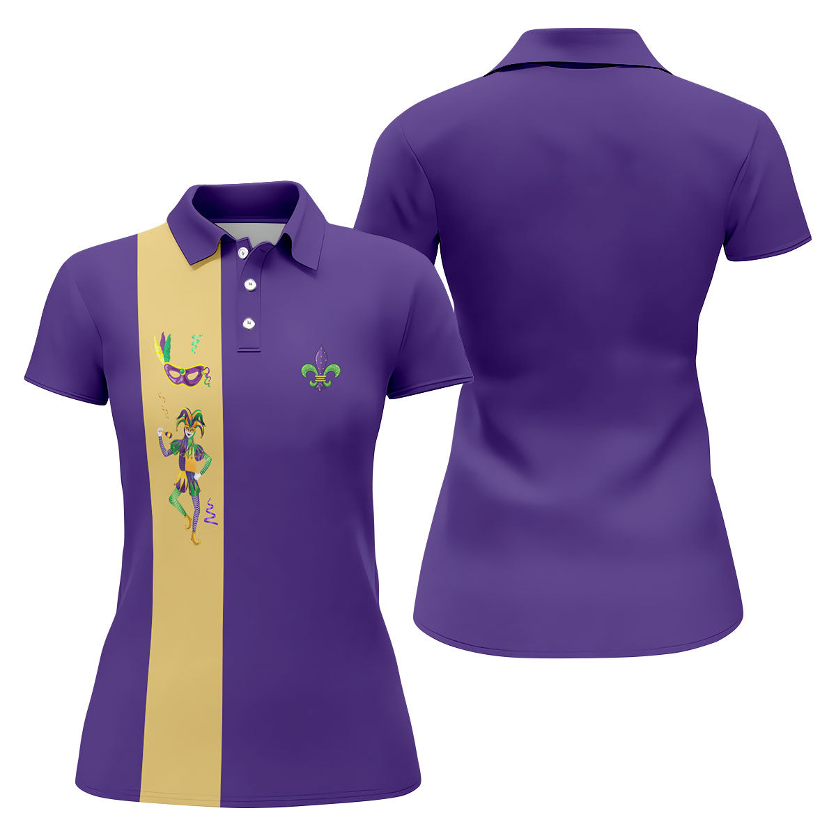 Mardi Gras Festival Jester Figure Fleur De Lis Symbol Purple Golf Shirt, Women's Golf Tops, Ladies Golf Polos