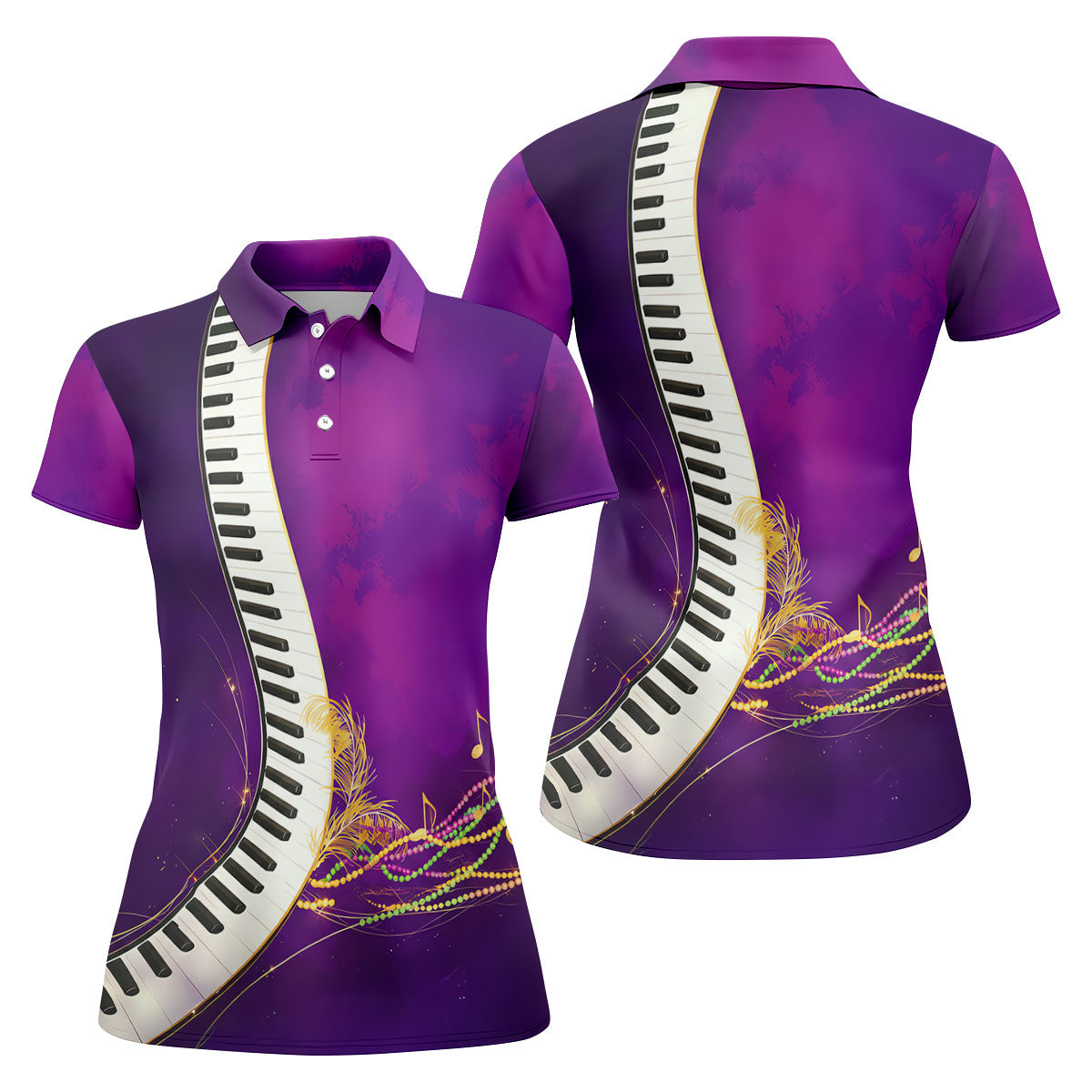 Mardi Gras Feather Beads Piano Keyboard Print Purple Golf Shirt, Women's Golf Tops, Ladies Golf Polos