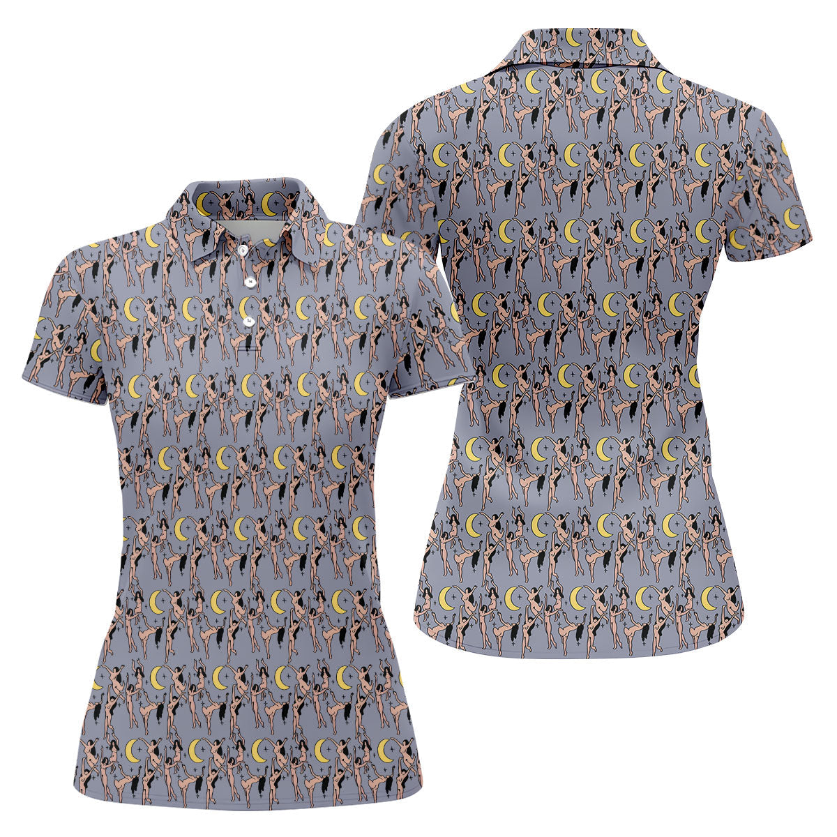 Dancing Figures Moon And Stars Pattern Polo Shirt, Womens Golf Tops, Golf Shirts For Women
