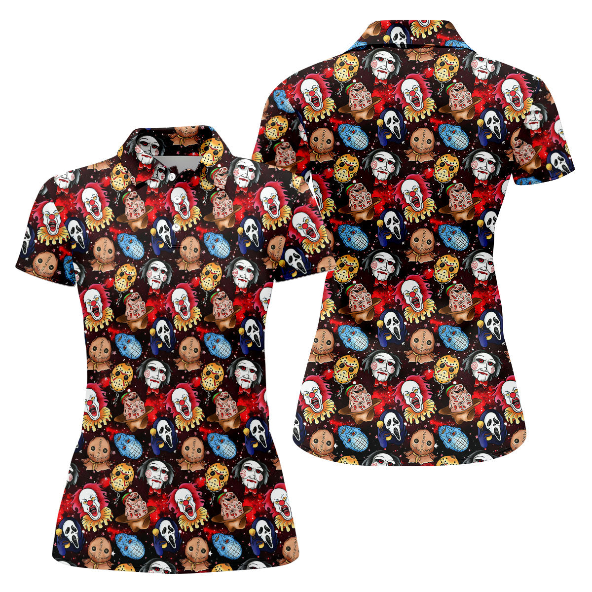 Red Galaxy Horror Character Pattern Halloween Golf Shirt, Ladies Golf Shirts, Women’s Golf Apparel