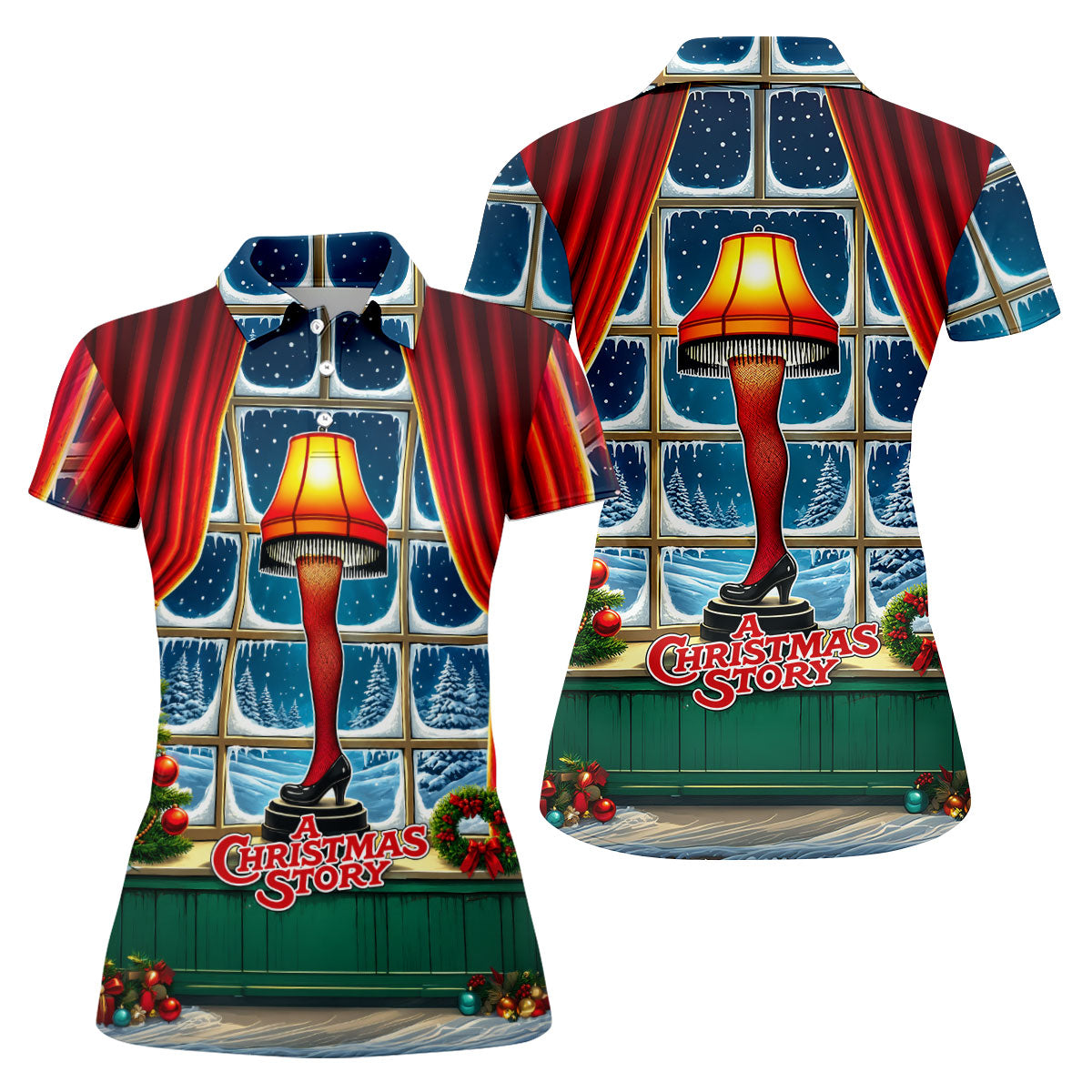 Funny Christmas Leg Lamp Window Golf Polo Shirt, Women’s Golf Polo, Golf Tops For Women