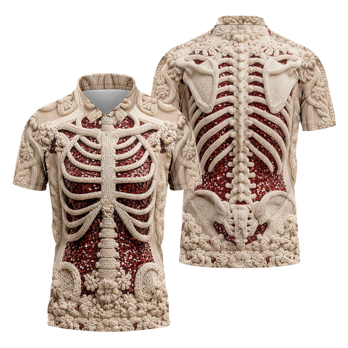 Knitted Skeleton Sequin Halloween Polo Shirt, Mens Golf Polo, Golf Apparel For Men
