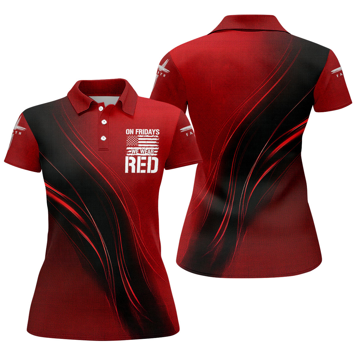 On Friday We Wear Red Faith Cross Red Black Gradient Patriotic Golf Shirt, 250 Years Golf Shirt For Women
