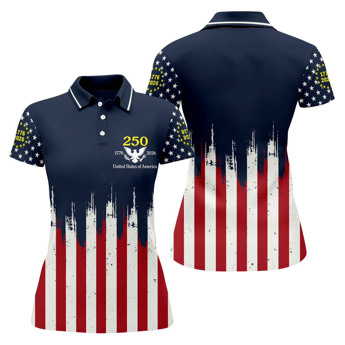 Splatter Painted American Flag Pattern Women's Golf Tops, 250th Anniversary Patriotic Golf Shirt