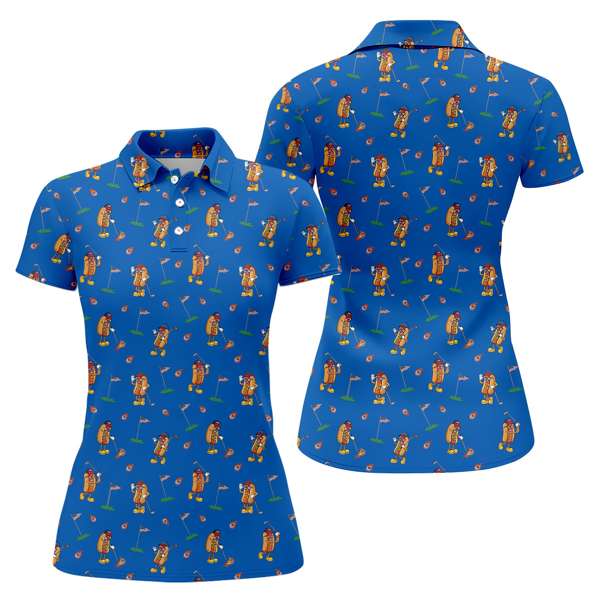 Cartoon Hot Dogs American Flag Pattern 250th Anniversary Blue Golf Shirt, Women's Golf Tops, Ladies Golf Shirt