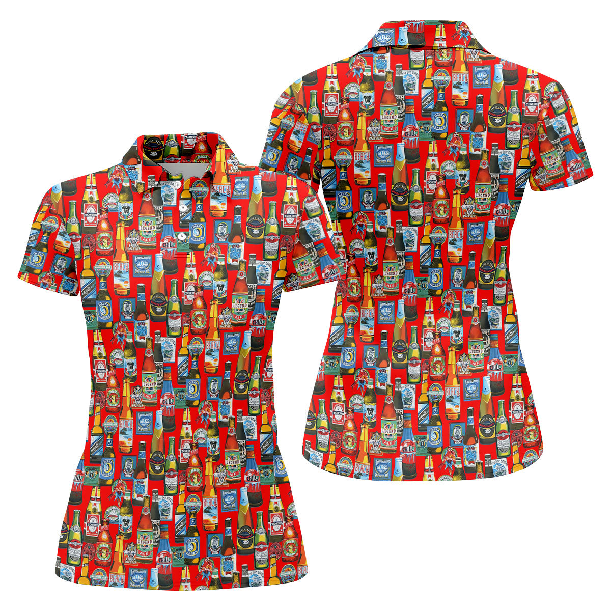 Beer Bottle Labels Red Golf Shirt, Fun Women's Golf Shirts, Women's Golf Tops, Ladies Golf Shirt