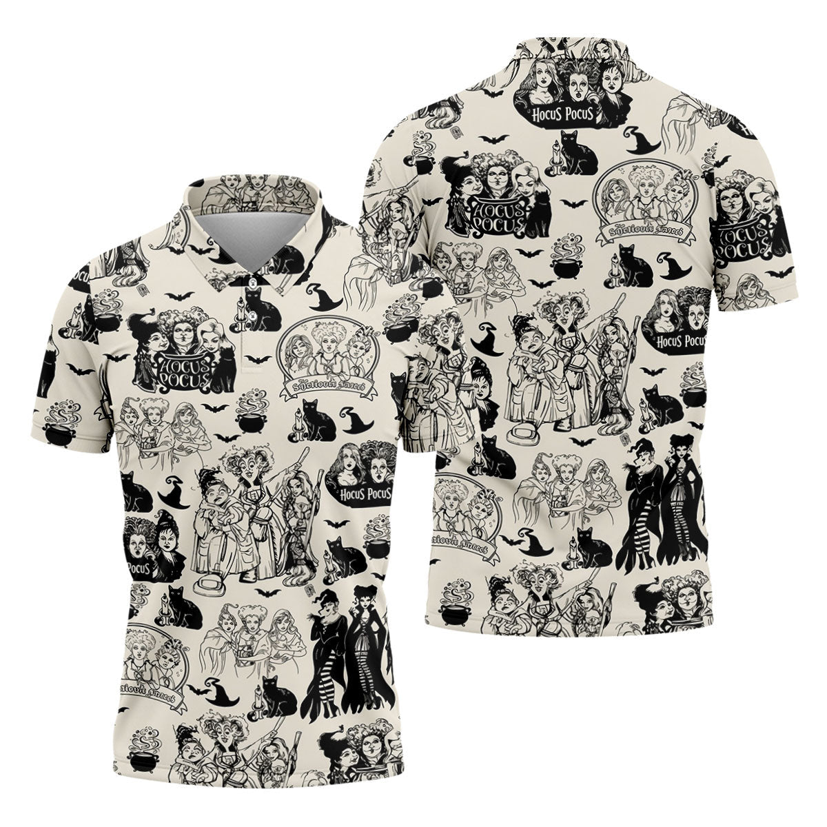 Witch Sisters Black Cat Halloween Polo Shirt, Golf Polo Shirts For Men, Mens Golf Apparel