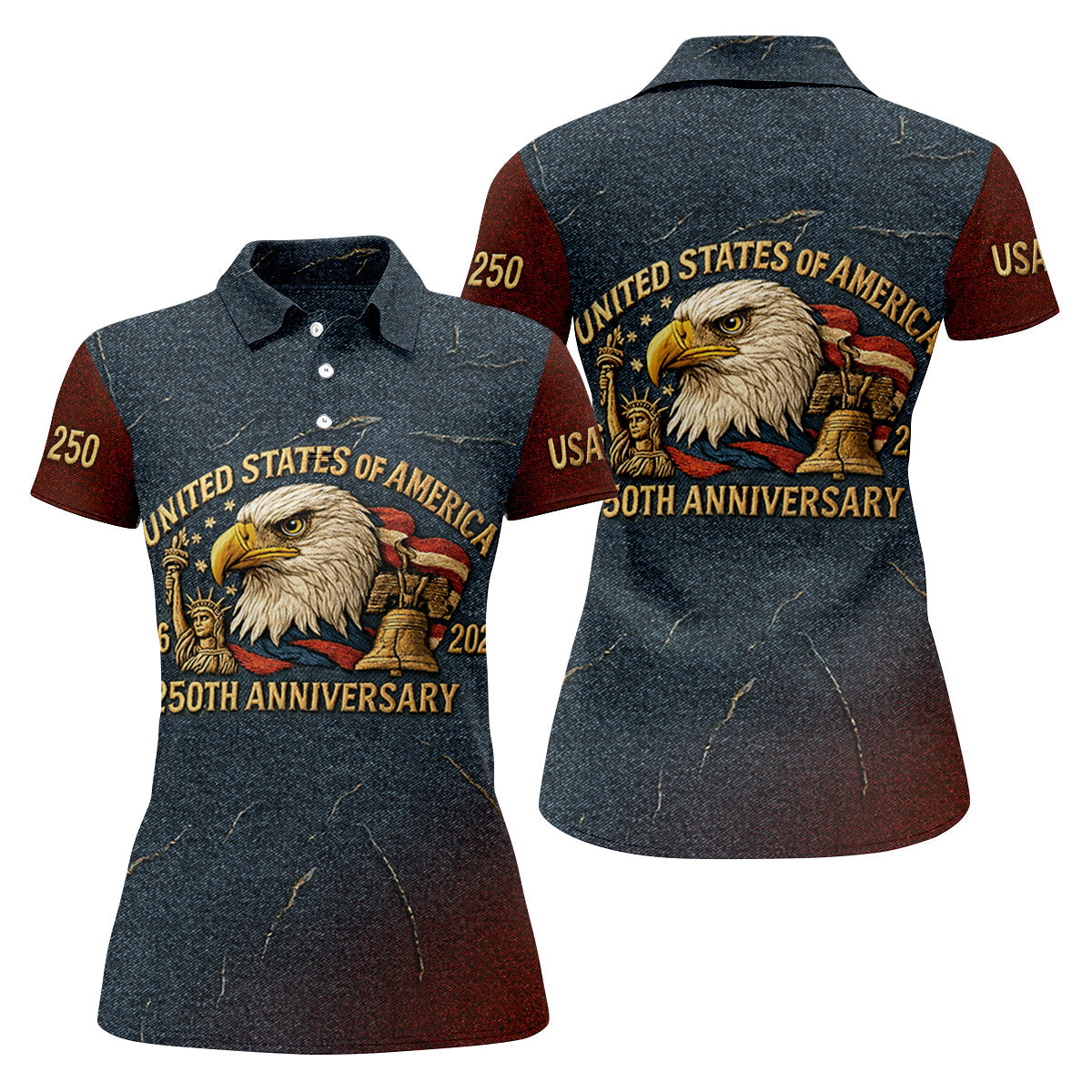 250th Anniversary American Flag And Eagle Denim Color Women's Golf Tops, Patriotic Golf Shirt, Ladies Golf Shirts