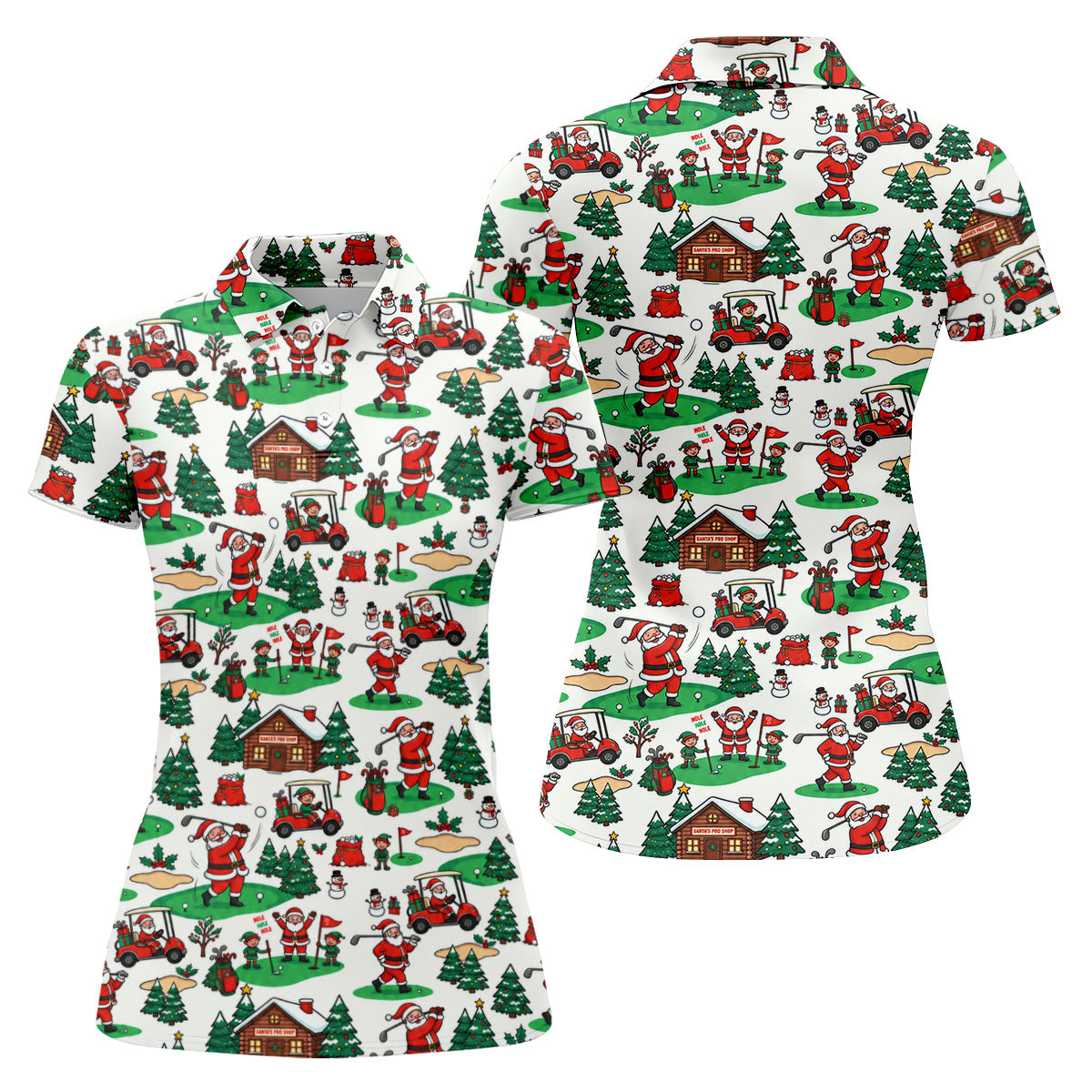Santa Golf Cart And Elves Christmas Golf Shirt, Womens Golf Tops, Ladies Golf Shirts