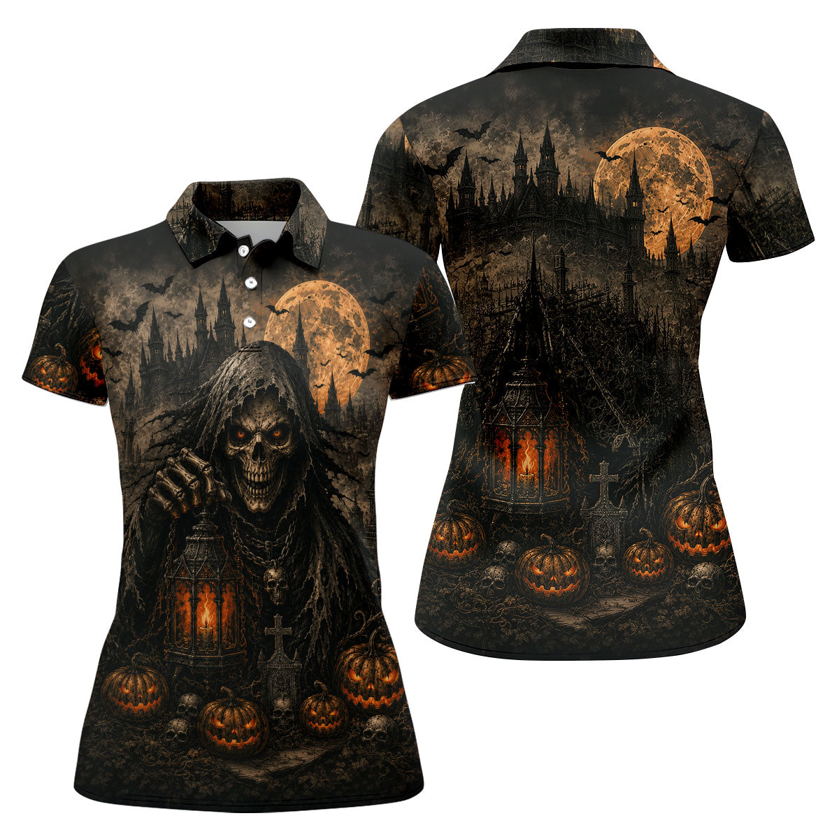 Grim Reaper Lantern Halloween Horror Character Polo Shirt, Women's Golf Tops, Womens Golf Tops