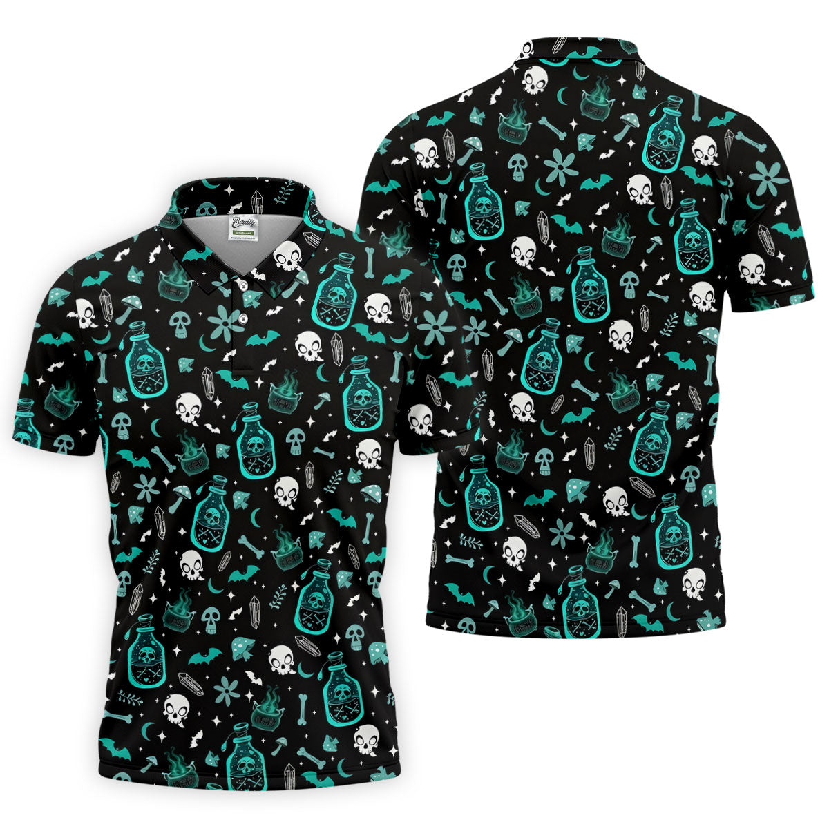 Skull Potion Halloween Pattern Polo Shirt, Printed Golf Shirts, Golf Apparel For Men