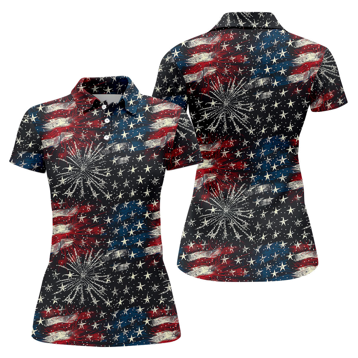 Patriotic American Flag Distressed Color 4th Of July Women Golf Top, 250th Anniversary Ladies Golf Shirts