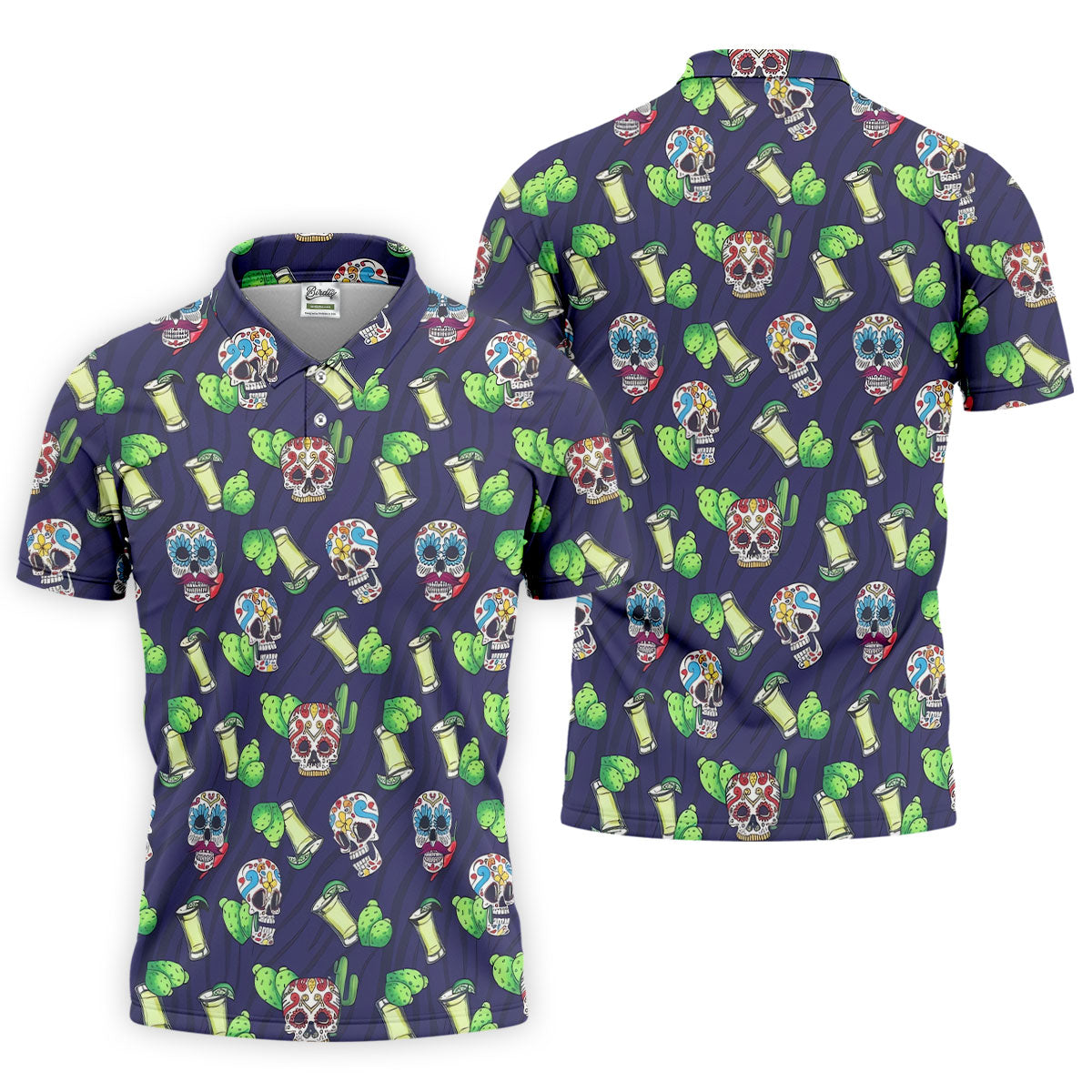 Day Of The Dead Sugar Skull Cactus Polo Shirt, Mens Golf Polo, Hawaiian Golf Shirt