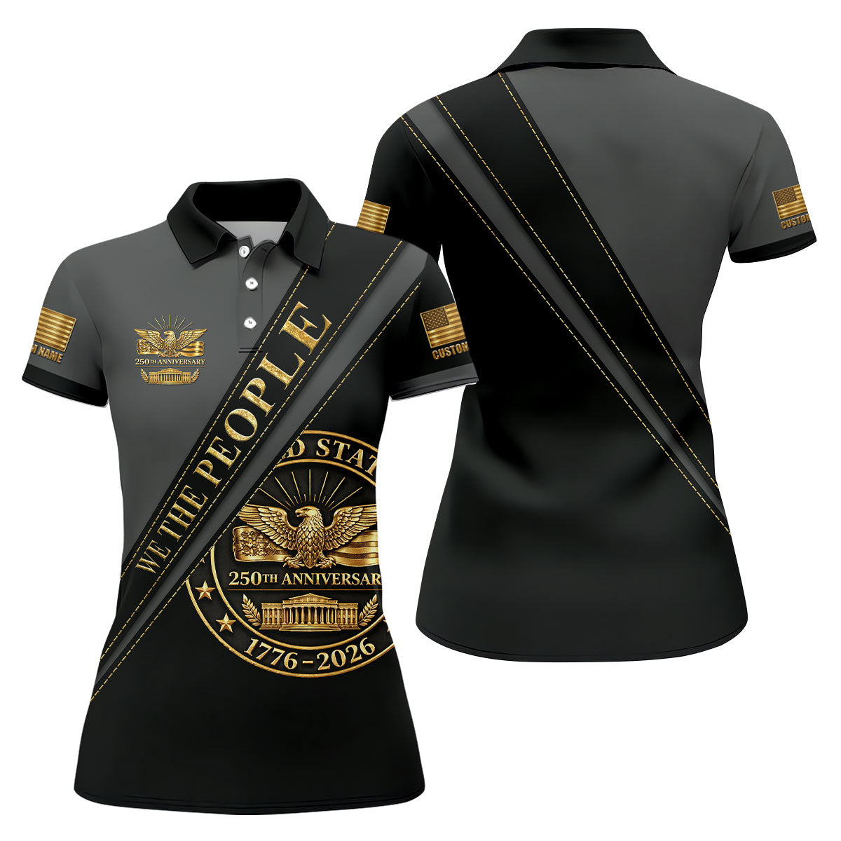 We The People 250th Anniversary Black And Gold Ladies Golf Tops, Patriotic 4th Of July Golf Shirt For Women