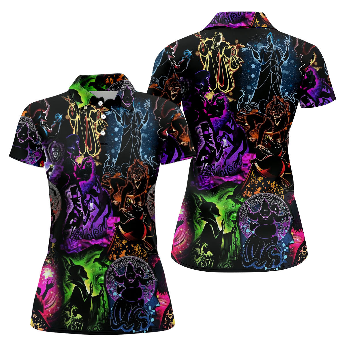 Neon Fantasy Villain Collage Halloween Polo Shirt, Golf Polo For Women, Ladies Golf Top
