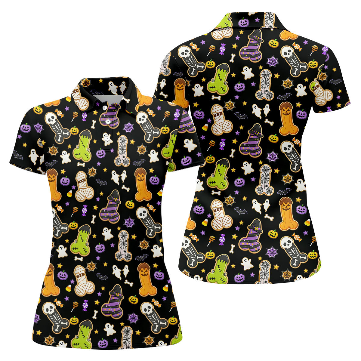Funny Adult Halloween Cookie Pattern Polo Shirt, Ladies Golf Top, Printed Golf Shirt