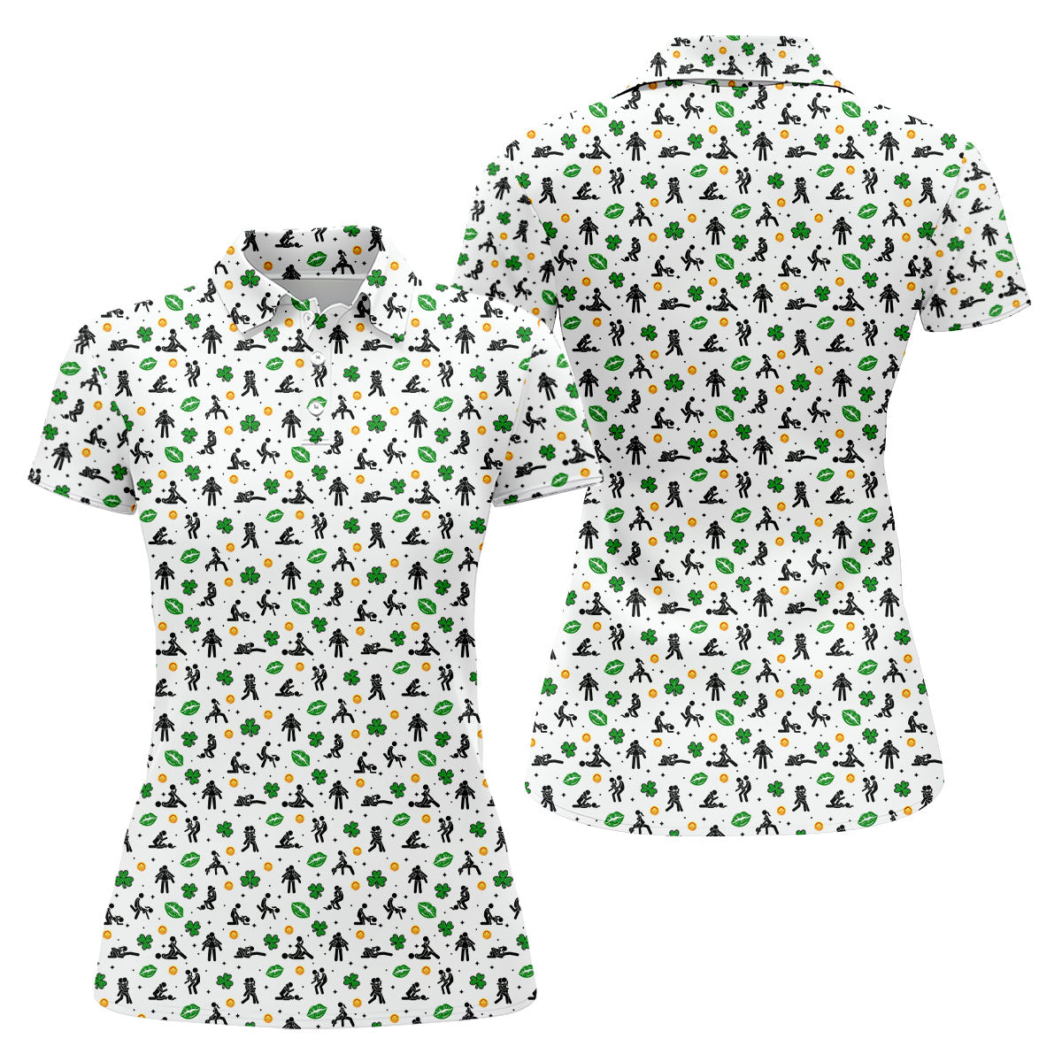 Funny Stick Figure Naughty Position Shamrock St Patrick's Day Golf Shirt, Women's Golf Tops, Ladies Golf Shirts