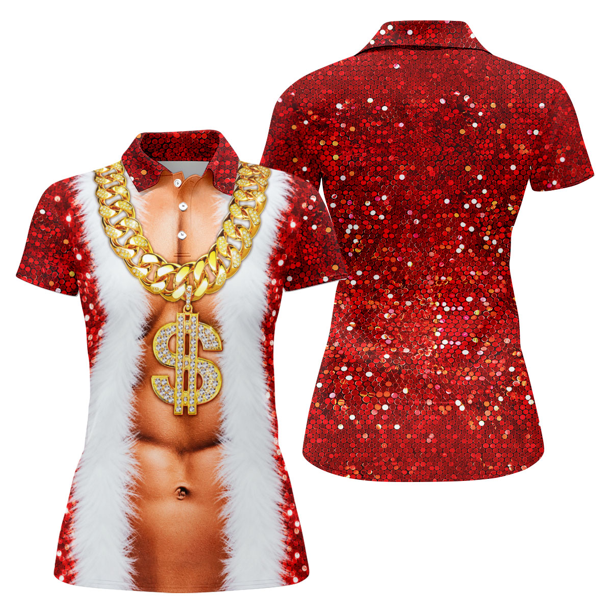 Funny Santa Gold Dollar Chain Golf Polo Shirt, Ladies Golf Shirts, Women’s Golf Apparel