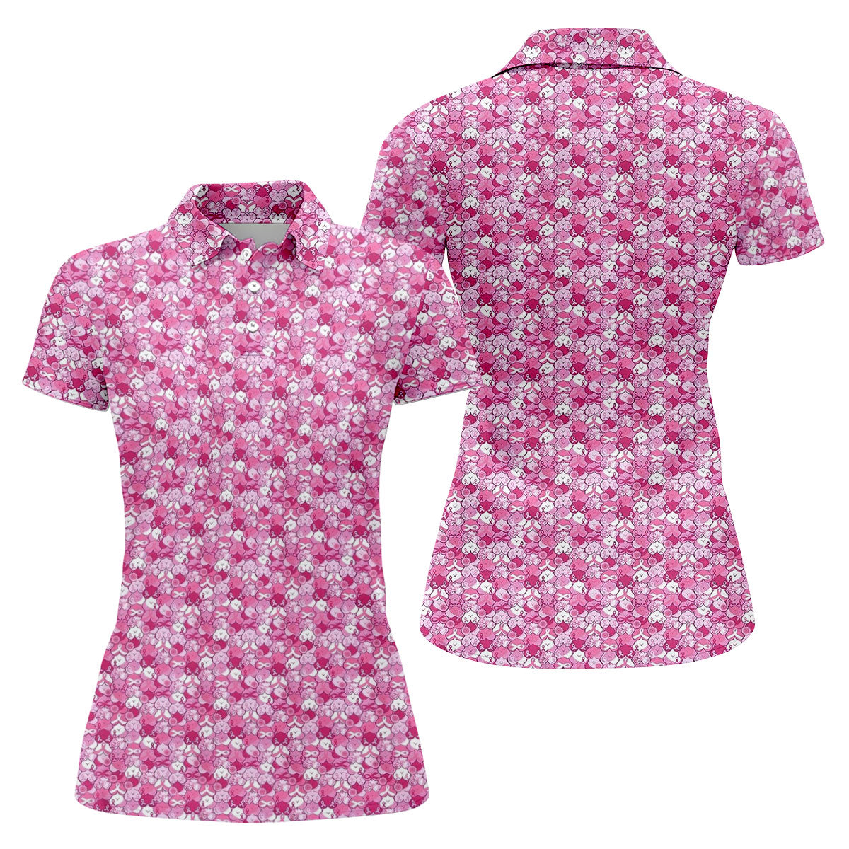 Pink Breast Cancer Hearts And Ribbons Polo Shirt, Golf Tops For Women, Women’s Golf Polo