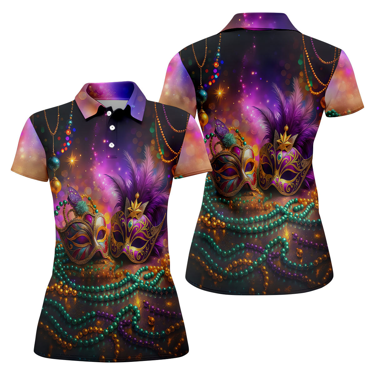 Carnival Mask Beads Chain Bokeh Effect Mardi Gras Golf Shirt, Women's Golf Tops, Ladies Golf Polos