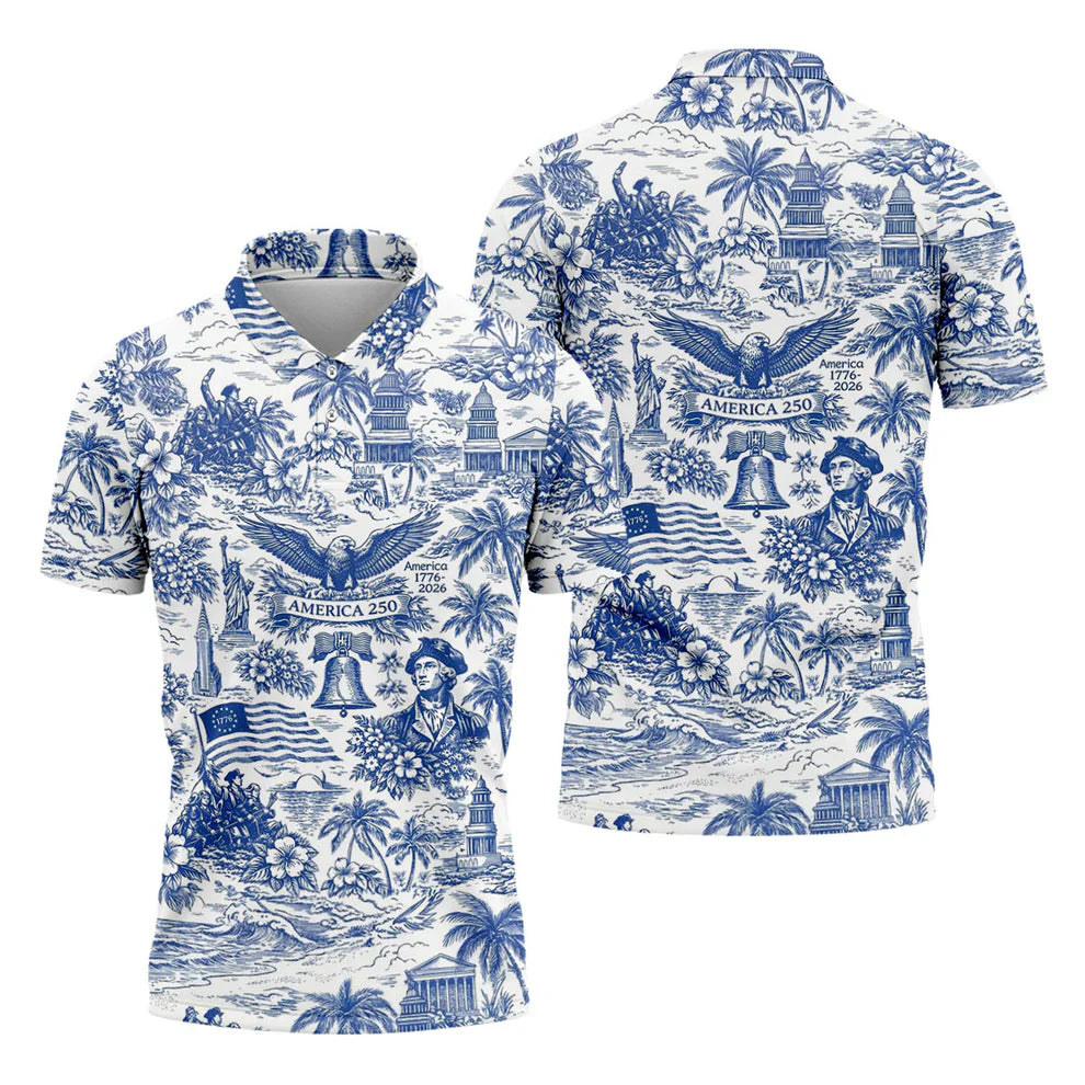 250 Years Of America Tropical Vibe Vintage Golf Polo ShirtPatriotic 4th Of July Golf Shirts For Men