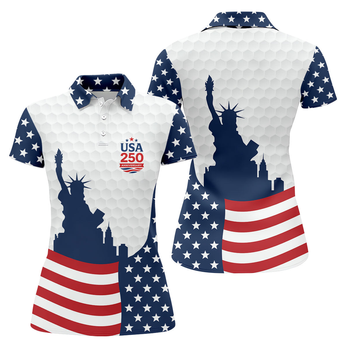USA 250 Anniversary Silhouette Of Statue Of Liberty White Golf Shirt, 4th Of July Women's Golf Tops