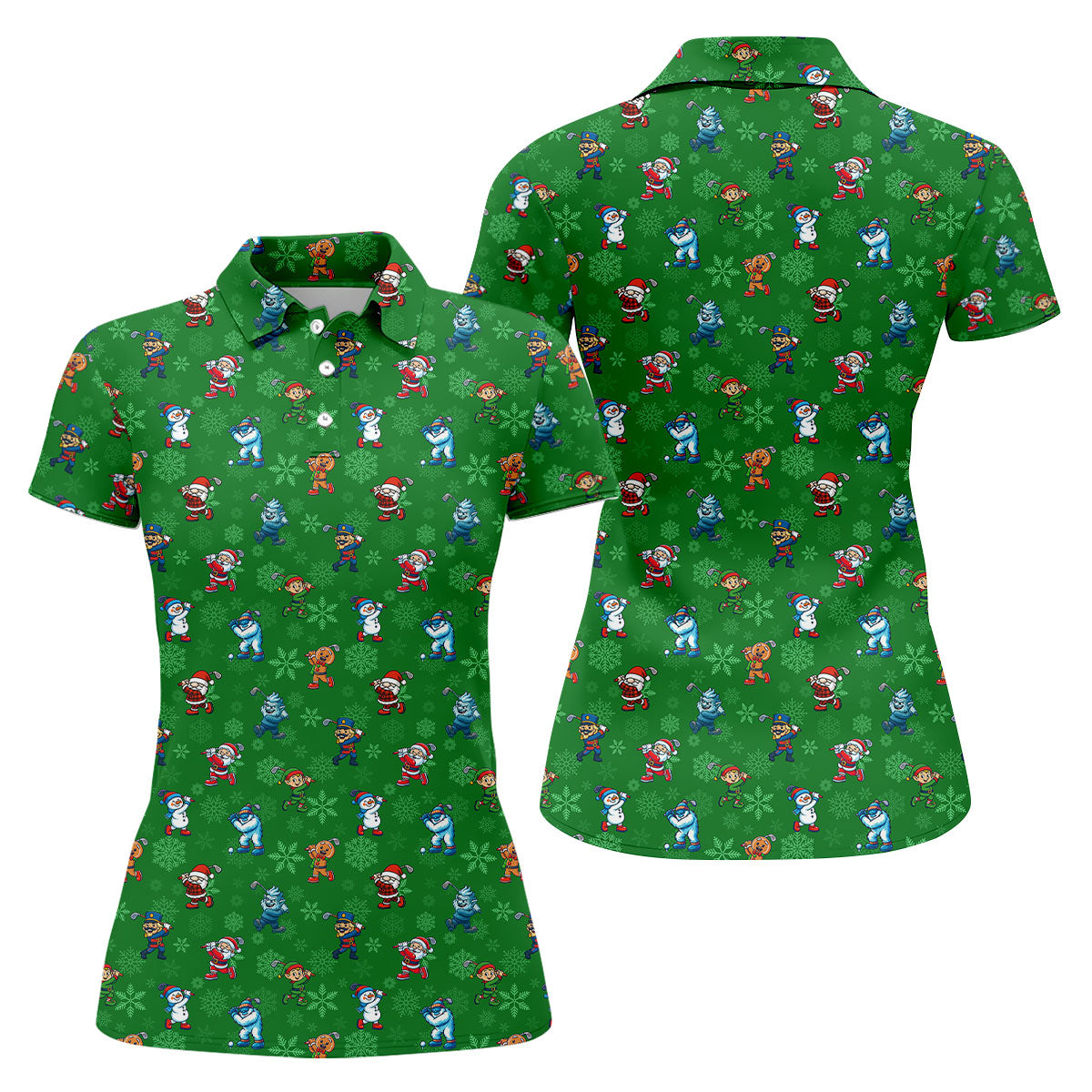Funny Christmas Characters Golf Pose Green Golf Shirt, Christmas Golf Shirt, Ladies Golf Shirts, Women's Polo Shirt