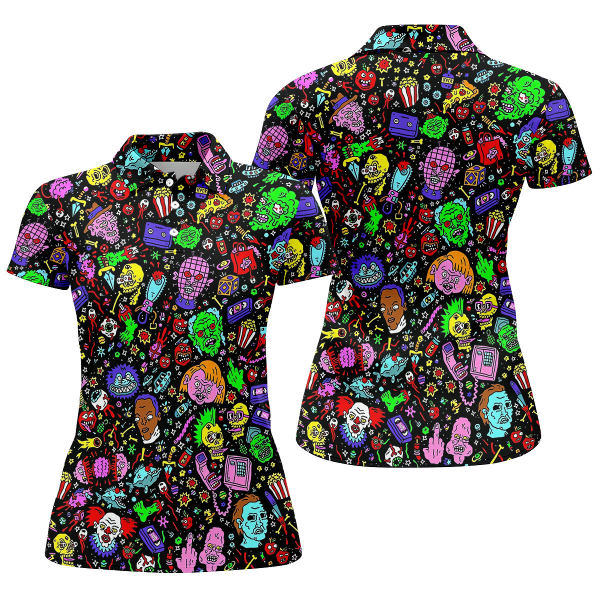 Halloween Horror Character Doodle Hawaiian Golf Shirt, Women's Golf Polo, Printed Golf Shirt