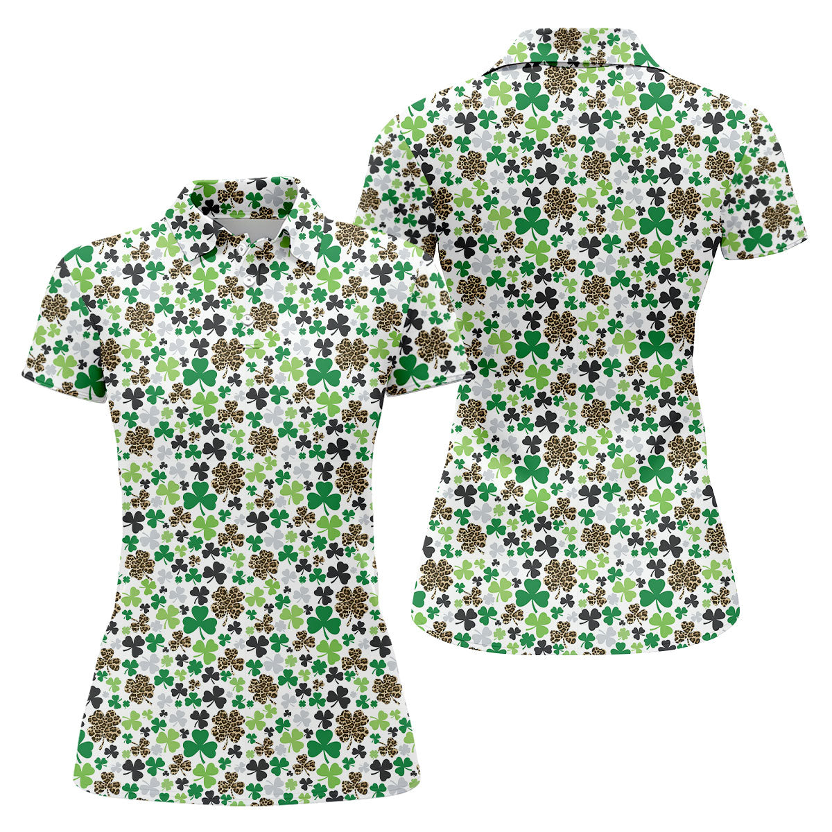 Leopard Pattern St Patrick's Day Shamrock Golf Shirt, Fun Women's Golf Shirts, Women's Golf Tops