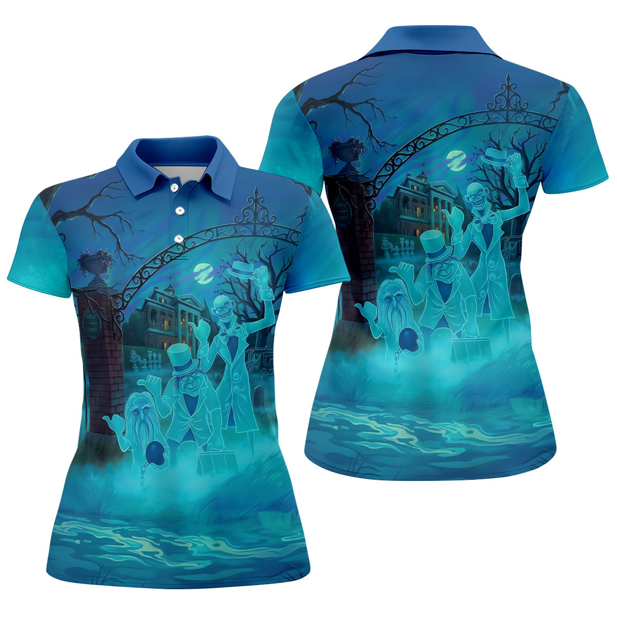 Ghost Trio At Haunted House Gate Halloween Polo Shirt, Women’s Golf Polo, Ladies Golf Top
